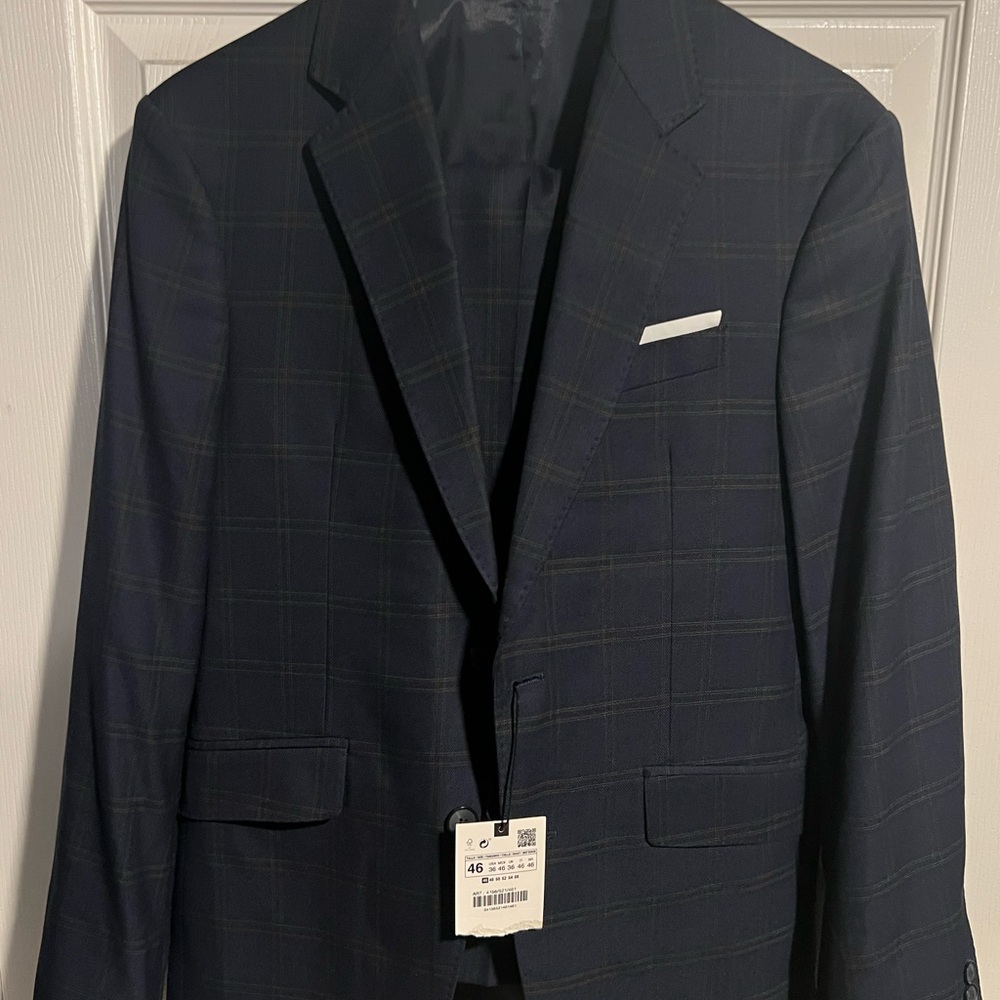 NWT Zara Man Navy Blue Checkered Blazer